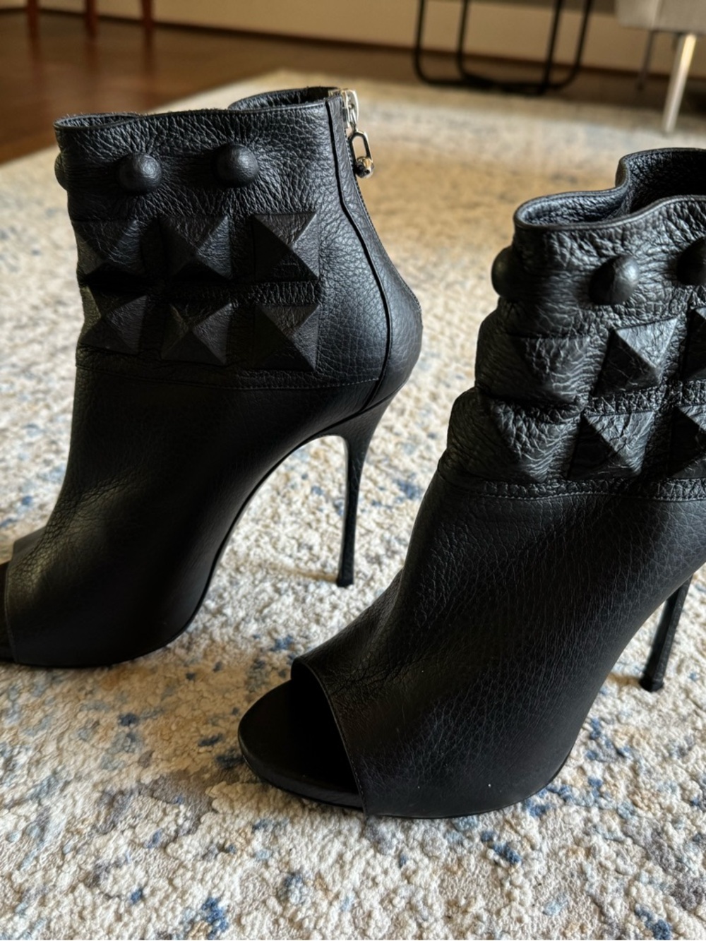 Philipp Plein Black Peep-Toe Studded Leather Ankle Boots - Picture 9 of 16